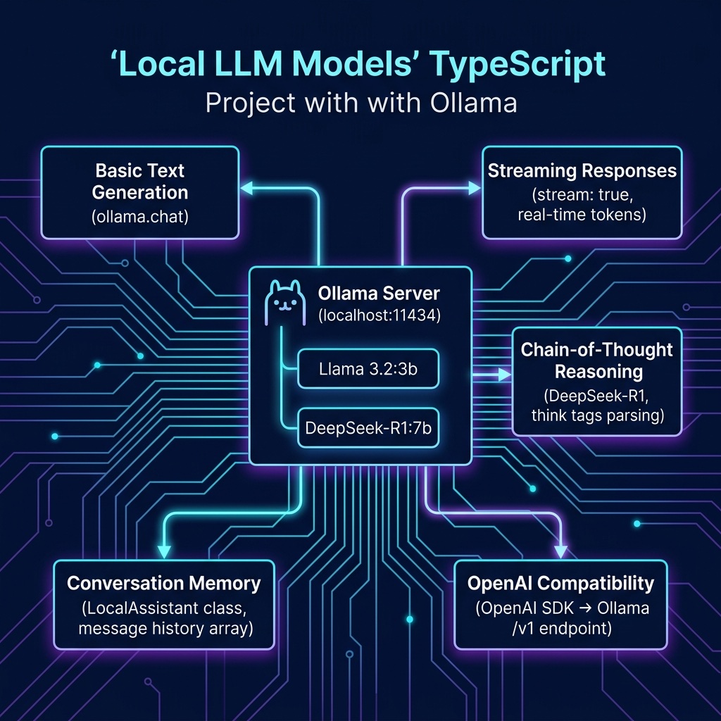Architecture diagram for Ollama local LLM server with five TypeScript client patterns