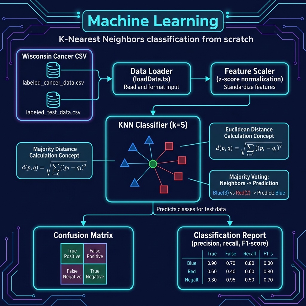 Architecture diagram for KNN classification pipeline with feature scaling and evaluation