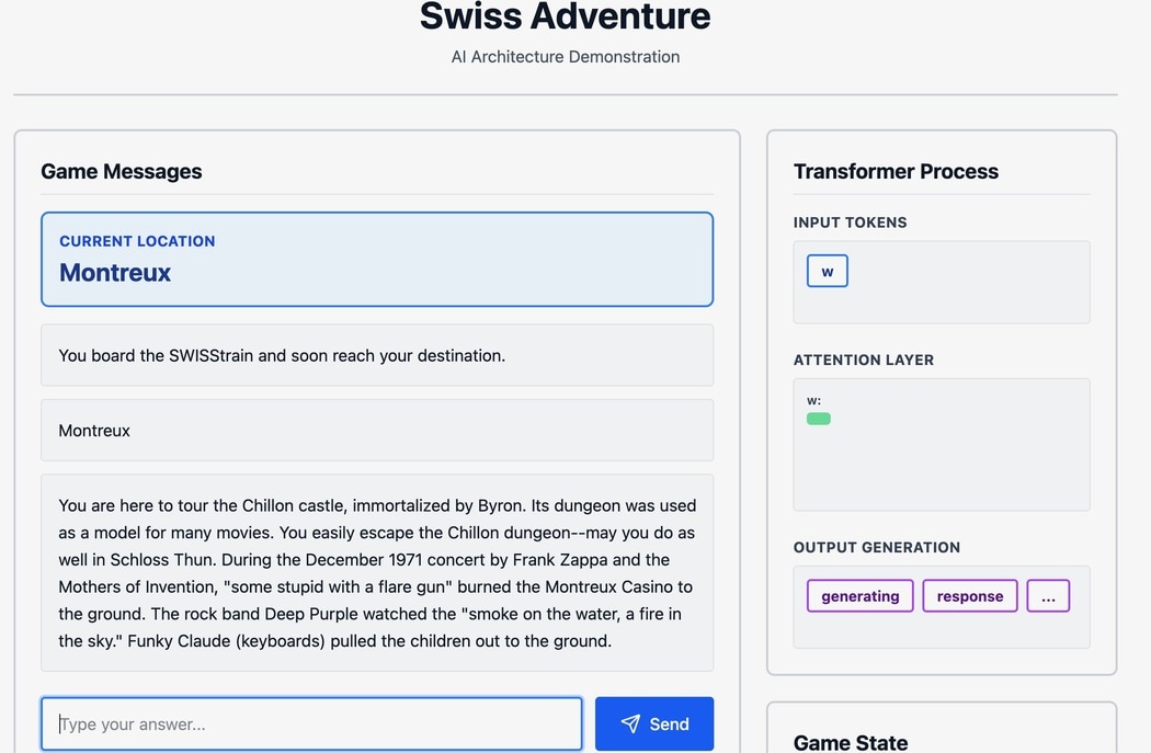 The demonstration website emulates a text-based game console showing adventurer arriving at Montreux, Switzerland