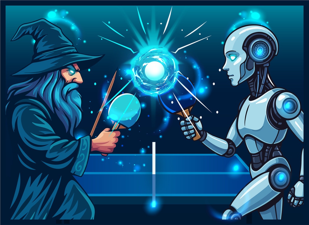 Wizard on the left carrying wand, robot on the right, both holding ping pong paddles, creating magical effect at boundary above ping pong table net