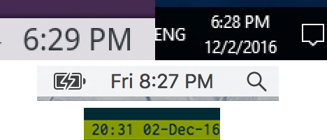top-left: KDE. top-right: Windows 10. center: macOS Sierra. bottom: tmux 2.3 default status bar.